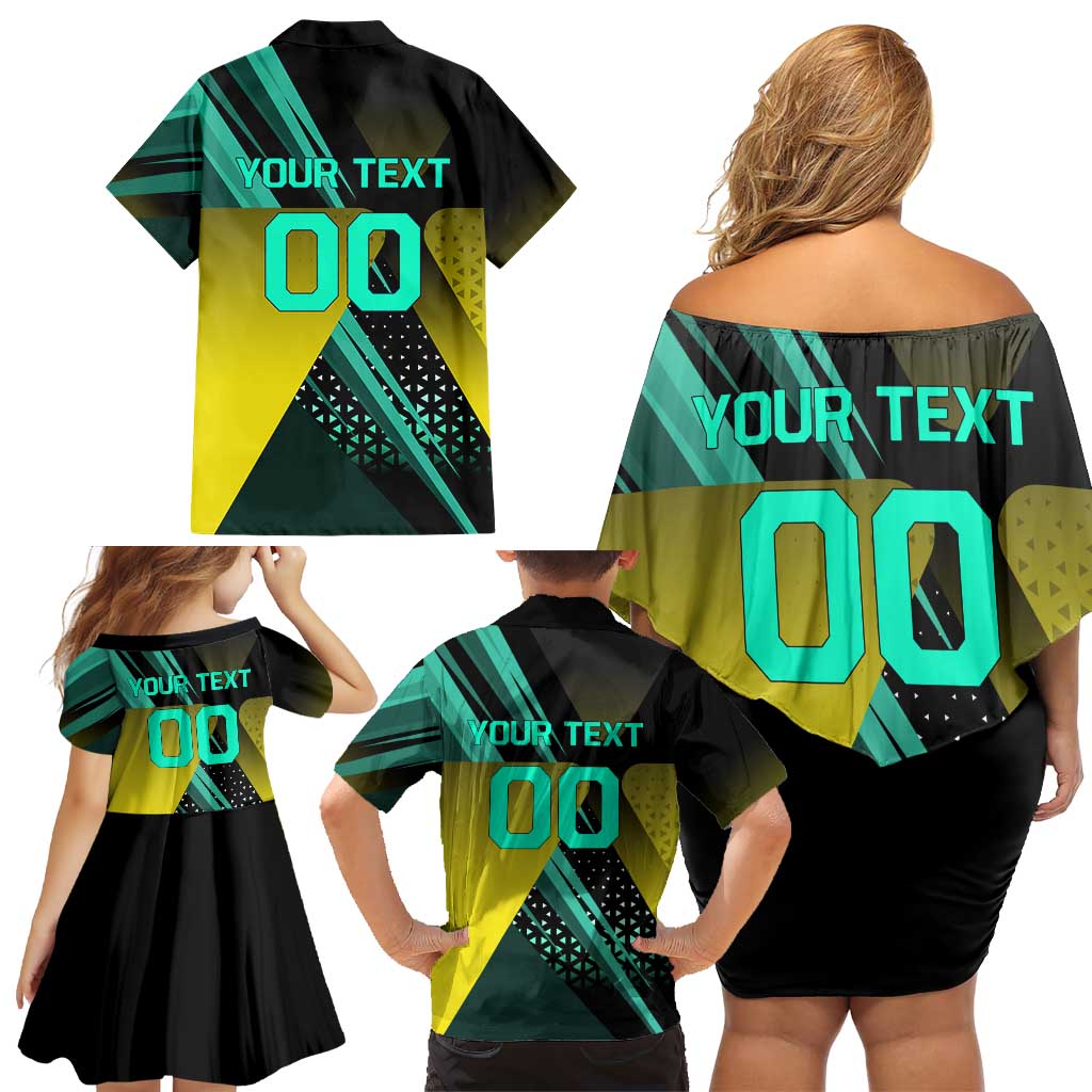 Personalized David Tennis Design Family Matching Off Shoulder Short Dress and Hawaiian Shirt with a Cyberpunk Theme, Edgerunners Features Neon Green and Yellow Styling and a Powerful Pose