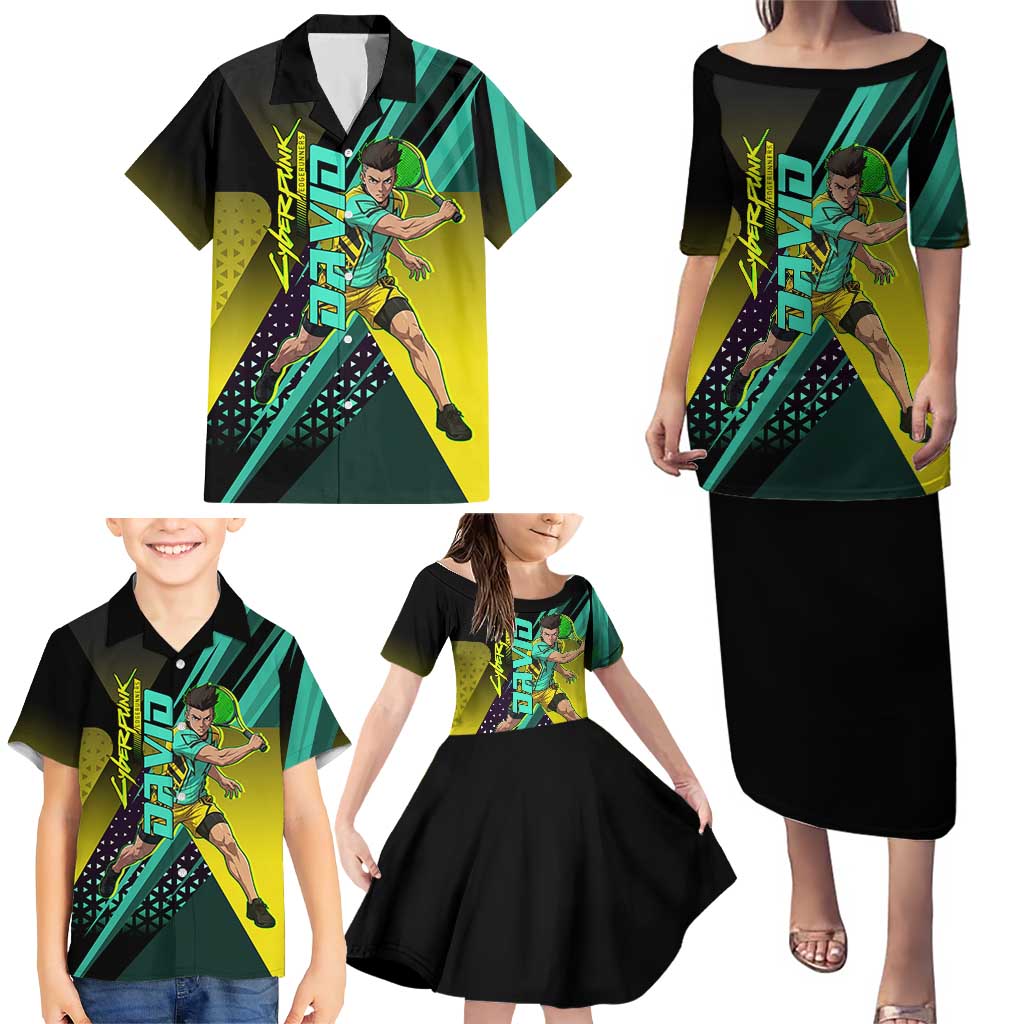 Personalized David Tennis Design Family Matching Puletasi and Hawaiian Shirt with a Cyberpunk Theme, Edgerunners Features Neon Green and Yellow Styling and a Powerful Pose