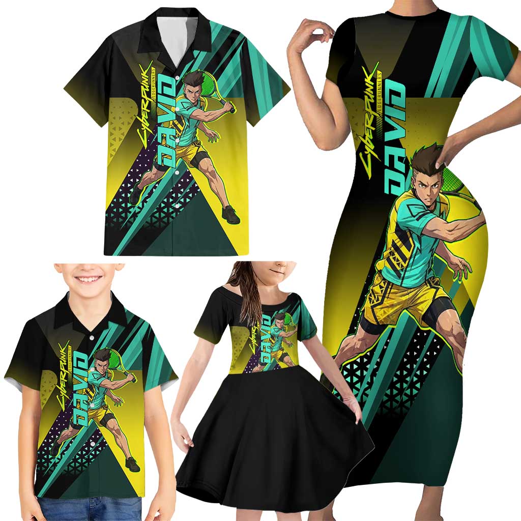 Personalized David Tennis Design Family Matching Short Sleeve Bodycon Dress and Hawaiian Shirt with a Cyberpunk Theme, Edgerunners Features Neon Green and Yellow Styling and a Powerful Pose