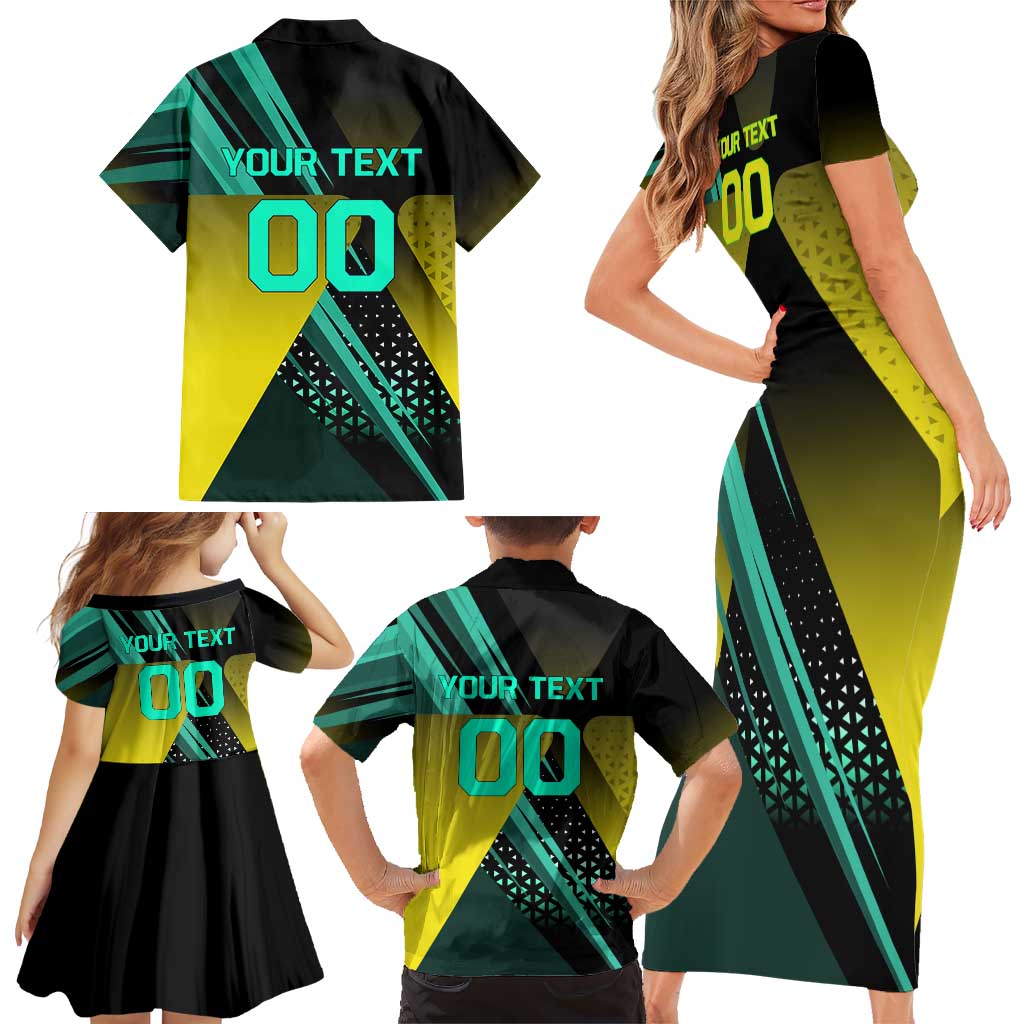 Personalized David Tennis Design Family Matching Short Sleeve Bodycon Dress and Hawaiian Shirt with a Cyberpunk Theme, Edgerunners Features Neon Green and Yellow Styling and a Powerful Pose