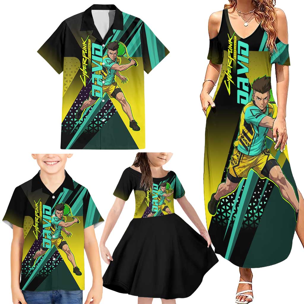 Personalized David Tennis Design Family Matching Summer Maxi Dress and Hawaiian Shirt with a Cyberpunk Theme, Edgerunners Features Neon Green and Yellow Styling and a Powerful Pose