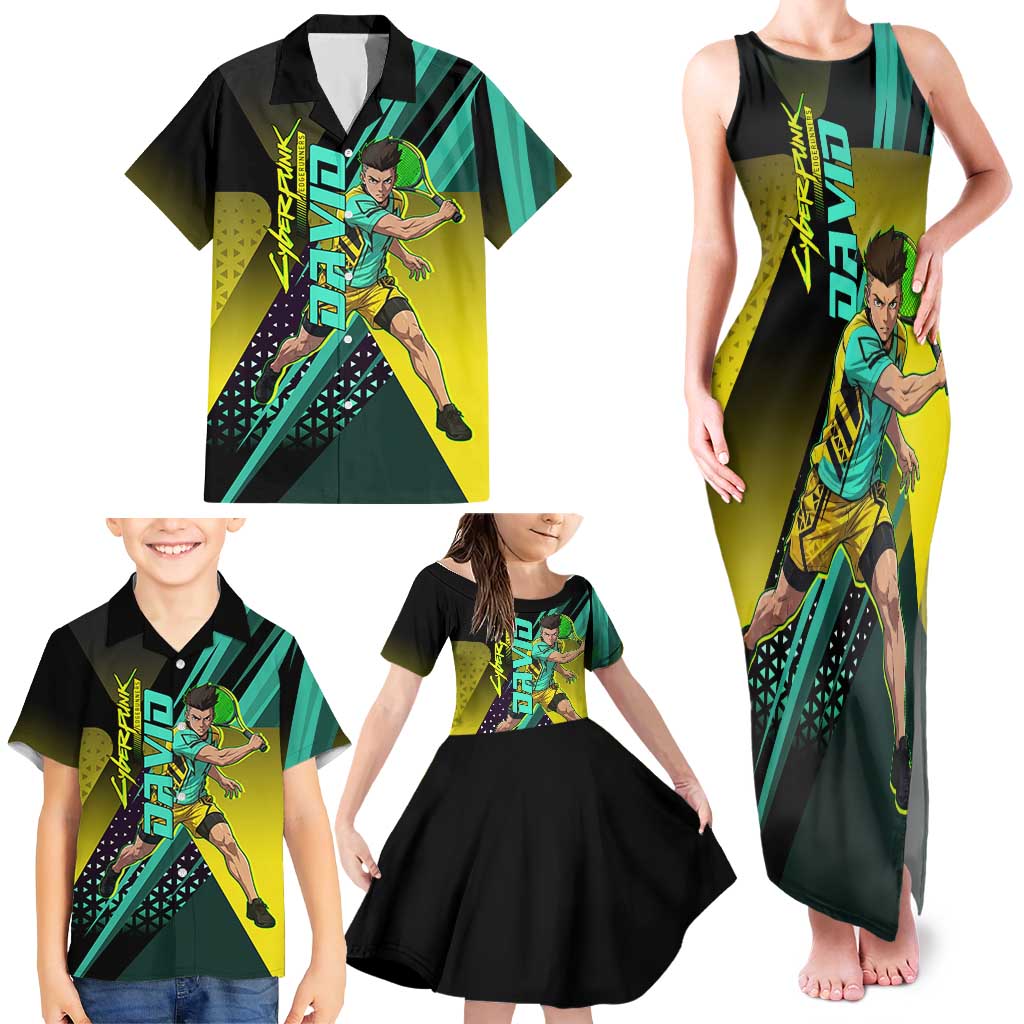 Personalized David Tennis Design Family Matching Tank Maxi Dress and Hawaiian Shirt with a Cyberpunk Theme, Edgerunners Features Neon Green and Yellow Styling and a Powerful Pose