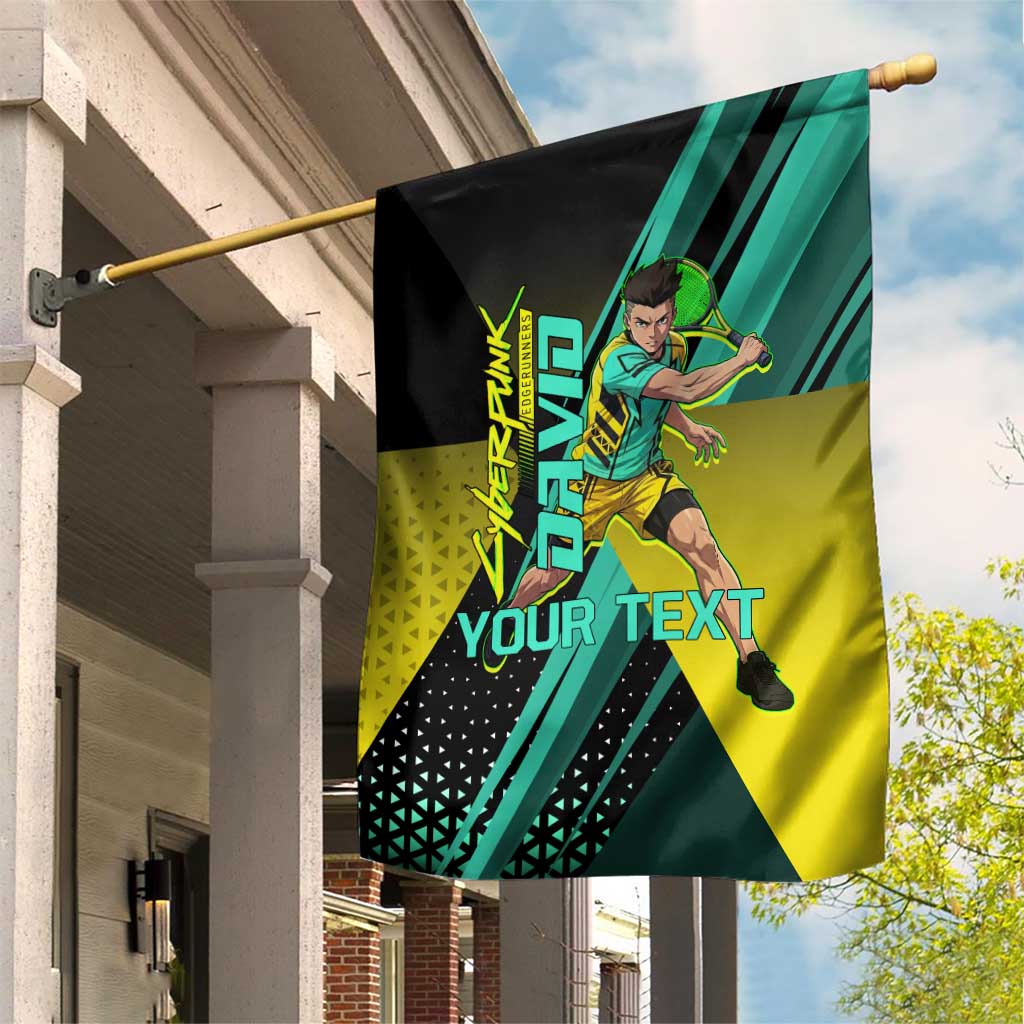 Personalized David Tennis Design Garden Flag with a Cyberpunk Theme, Edgerunners Features Neon Green and Yellow Styling and a Powerful Pose