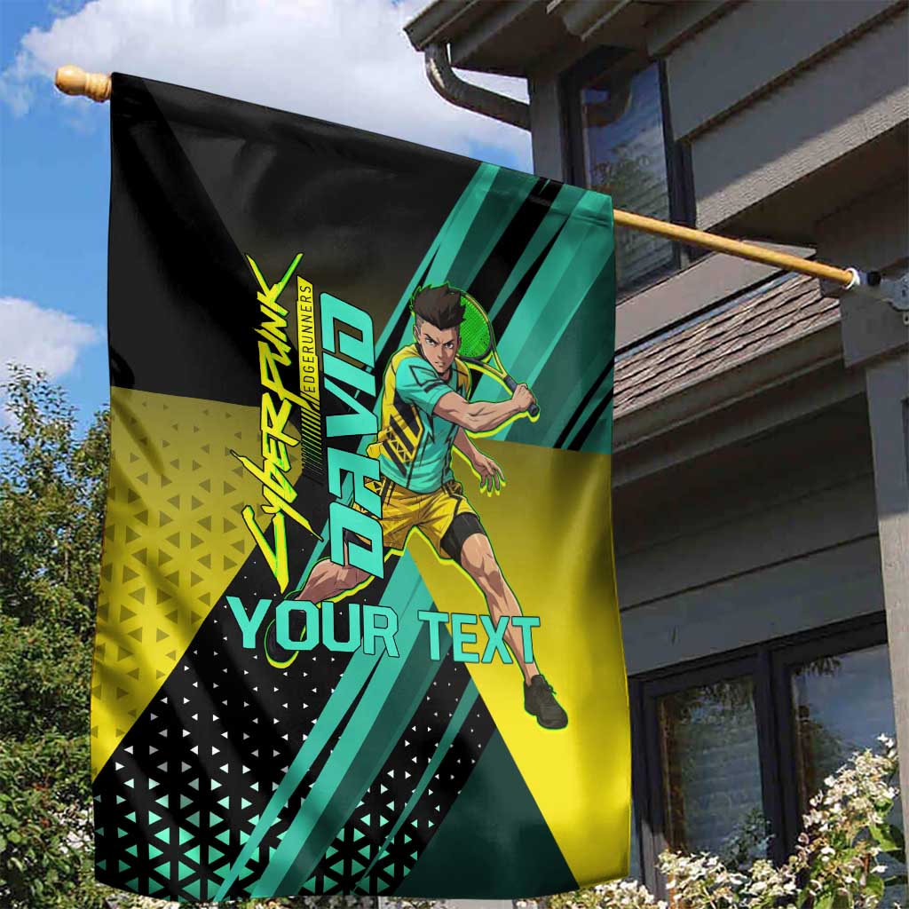 Personalized David Tennis Design Garden Flag with a Cyberpunk Theme, Edgerunners Features Neon Green and Yellow Styling and a Powerful Pose