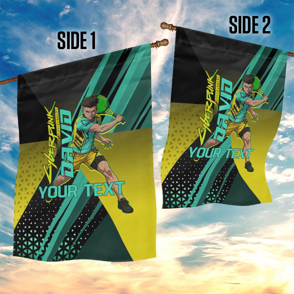 Personalized David Tennis Design Garden Flag with a Cyberpunk Theme, Edgerunners Features Neon Green and Yellow Styling and a Powerful Pose