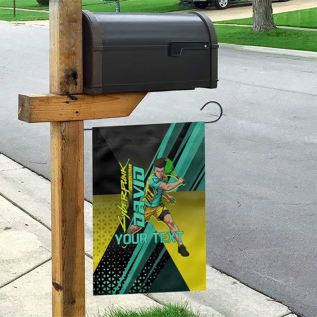 Personalized David Tennis Design Garden Flag with a Cyberpunk Theme, Edgerunners Features Neon Green and Yellow Styling and a Powerful Pose