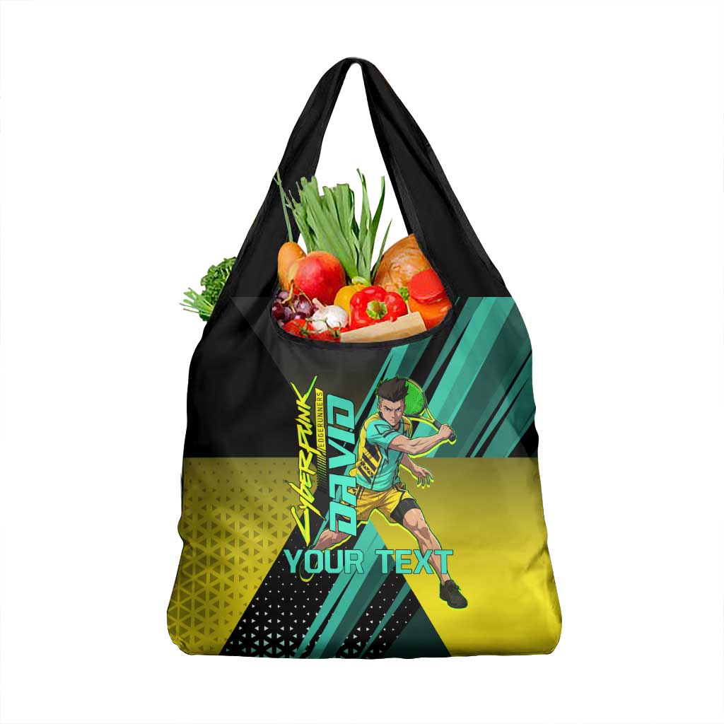 Personalized David Tennis Design Grocery Bag with a Cyberpunk Theme, Edgerunners Features Neon Green and Yellow Styling and a Powerful Pose