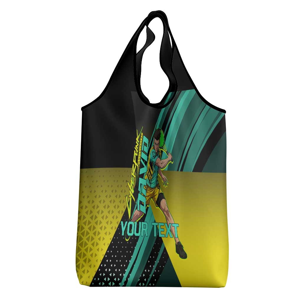 Personalized David Tennis Design Grocery Bag with a Cyberpunk Theme, Edgerunners Features Neon Green and Yellow Styling and a Powerful Pose