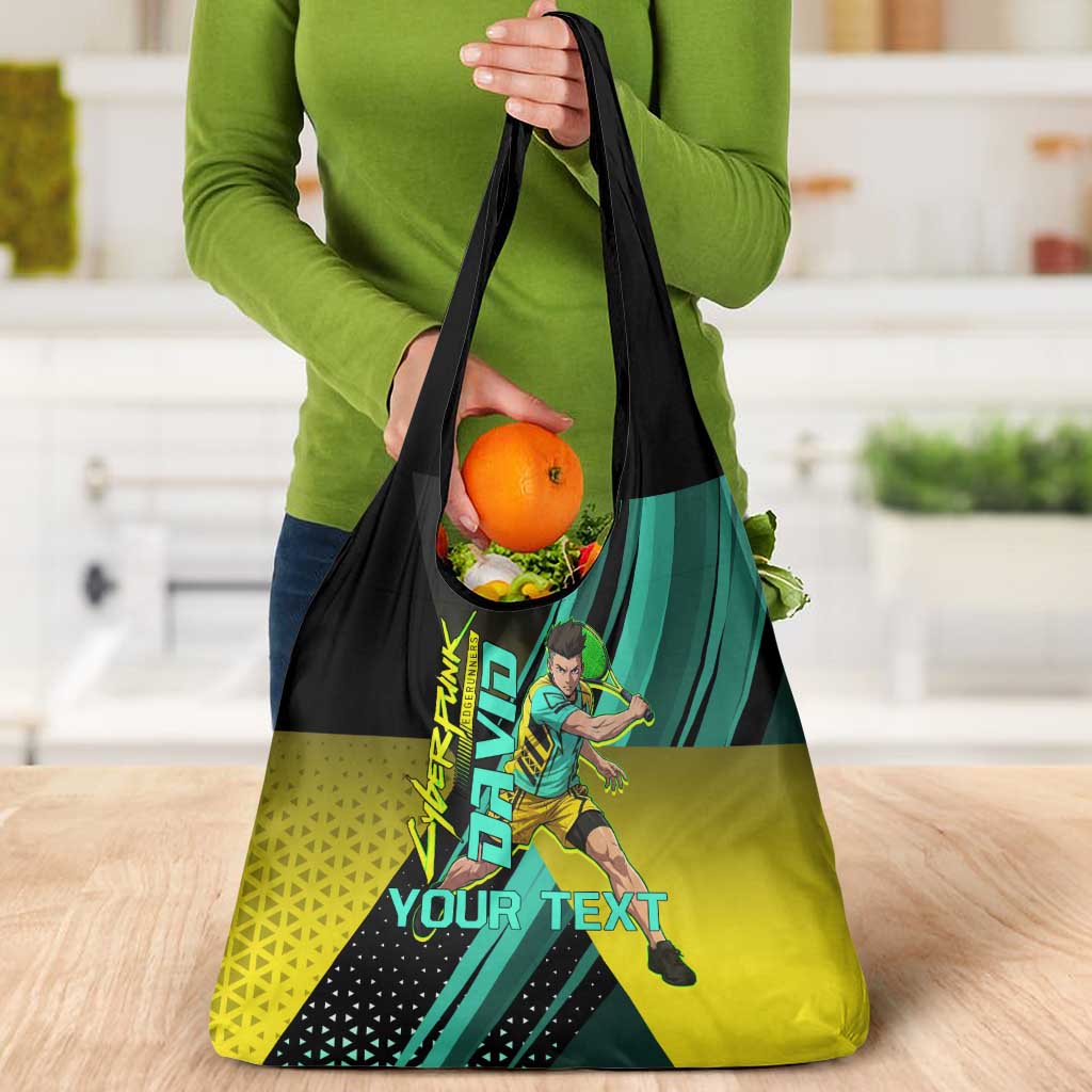 Personalized David Tennis Design Grocery Bag with a Cyberpunk Theme, Edgerunners Features Neon Green and Yellow Styling and a Powerful Pose