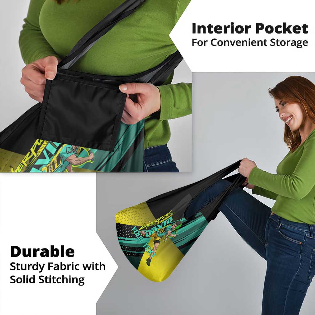 Personalized David Tennis Design Grocery Bag with a Cyberpunk Theme, Edgerunners Features Neon Green and Yellow Styling and a Powerful Pose
