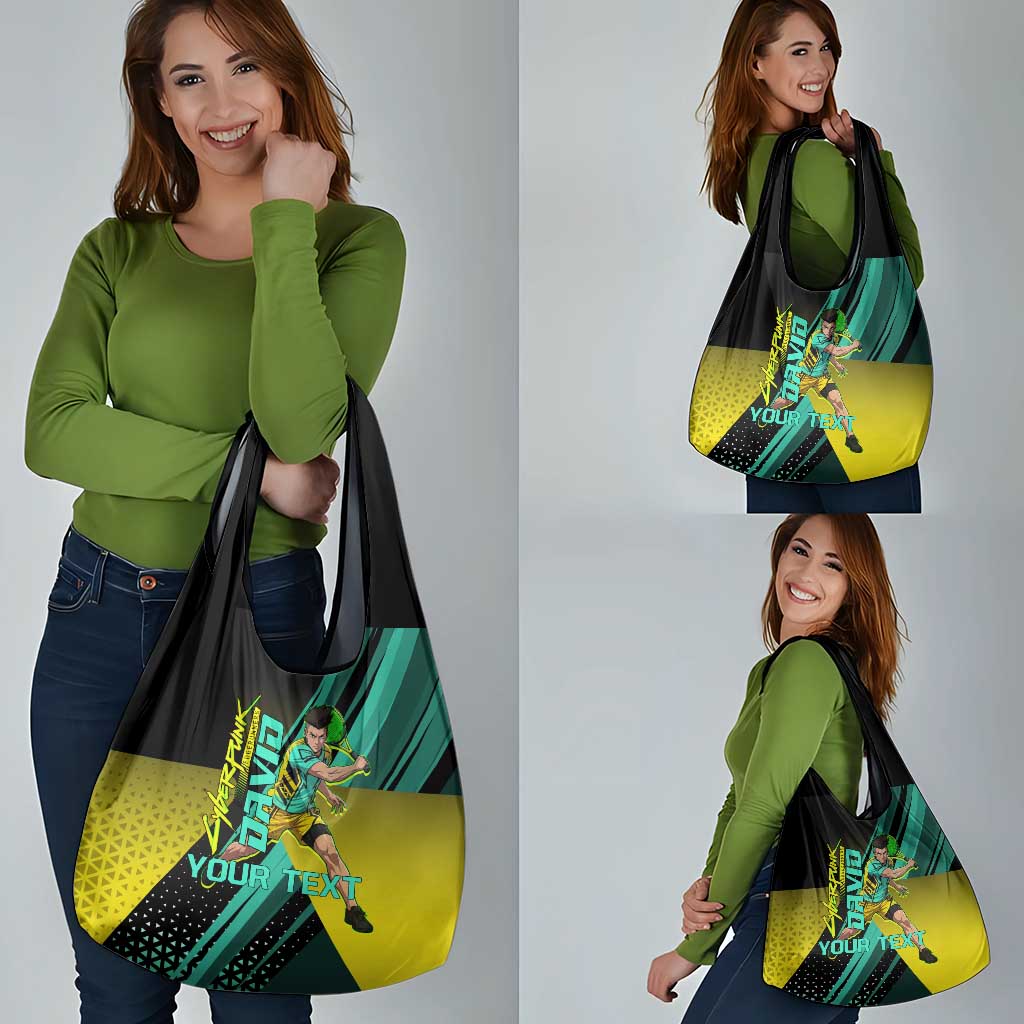 Personalized David Tennis Design Grocery Bag with a Cyberpunk Theme, Edgerunners Features Neon Green and Yellow Styling and a Powerful Pose