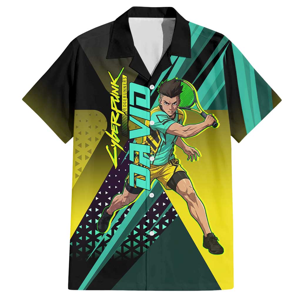 Personalized David Tennis Design Hawaiian Shirt with a Cyberpunk Theme, Edgerunners Features Neon Green and Yellow Styling and a Powerful Pose