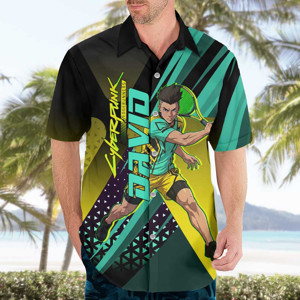 Personalized David Tennis Design Hawaiian Shirt with a Cyberpunk Theme, Edgerunners Features Neon Green and Yellow Styling and a Powerful Pose