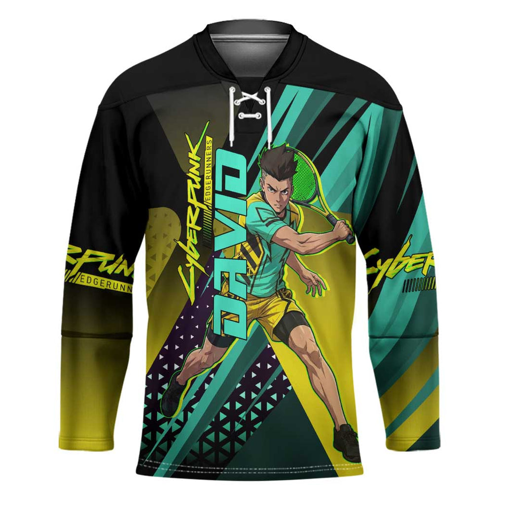 Personalized David Tennis Design Hockey Jersey with a Cyberpunk Theme, Edgerunners Features Neon Green and Yellow Styling and a Powerful Pose