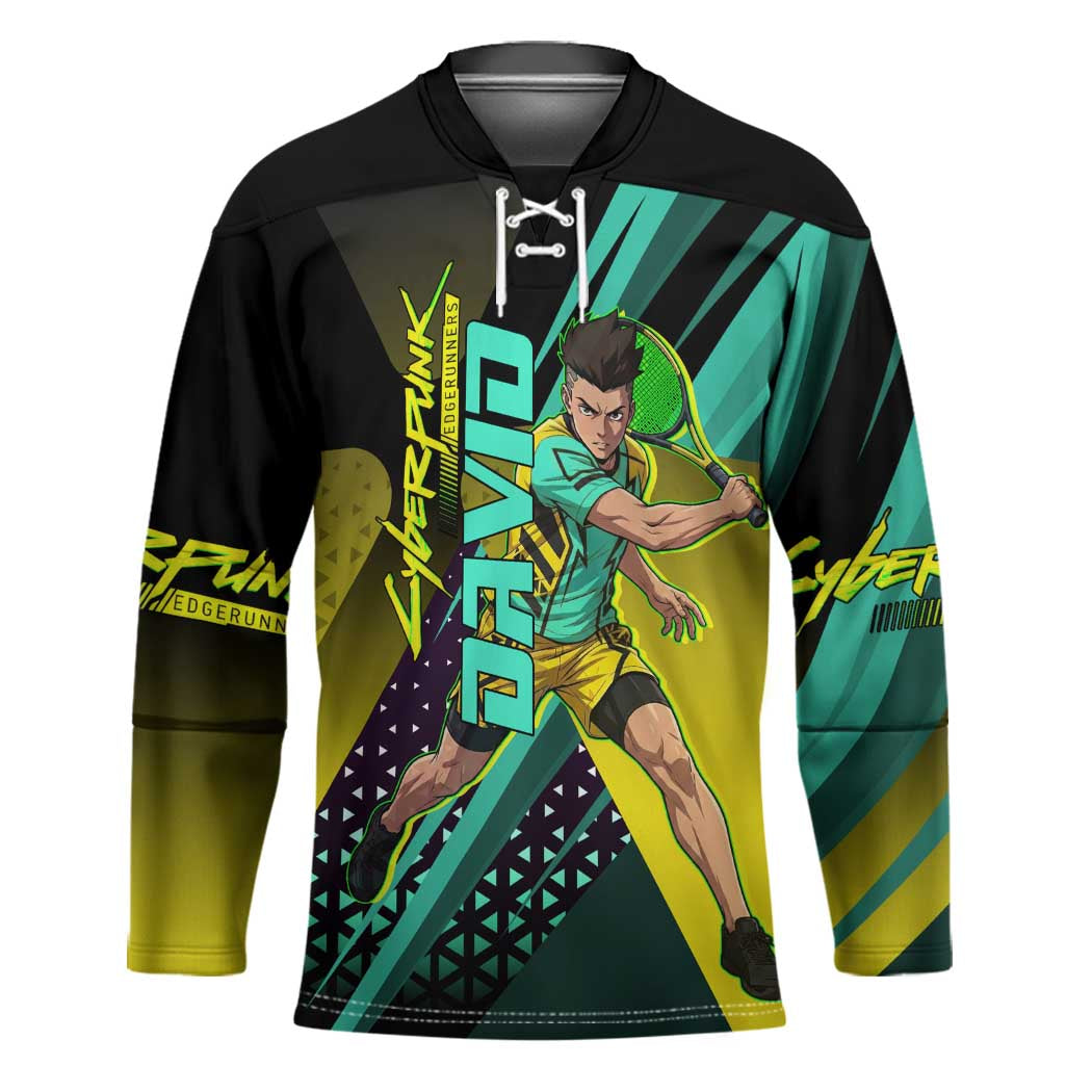 Personalized David Tennis Design Hockey Jersey with a Cyberpunk Theme, Edgerunners Features Neon Green and Yellow Styling and a Powerful Pose