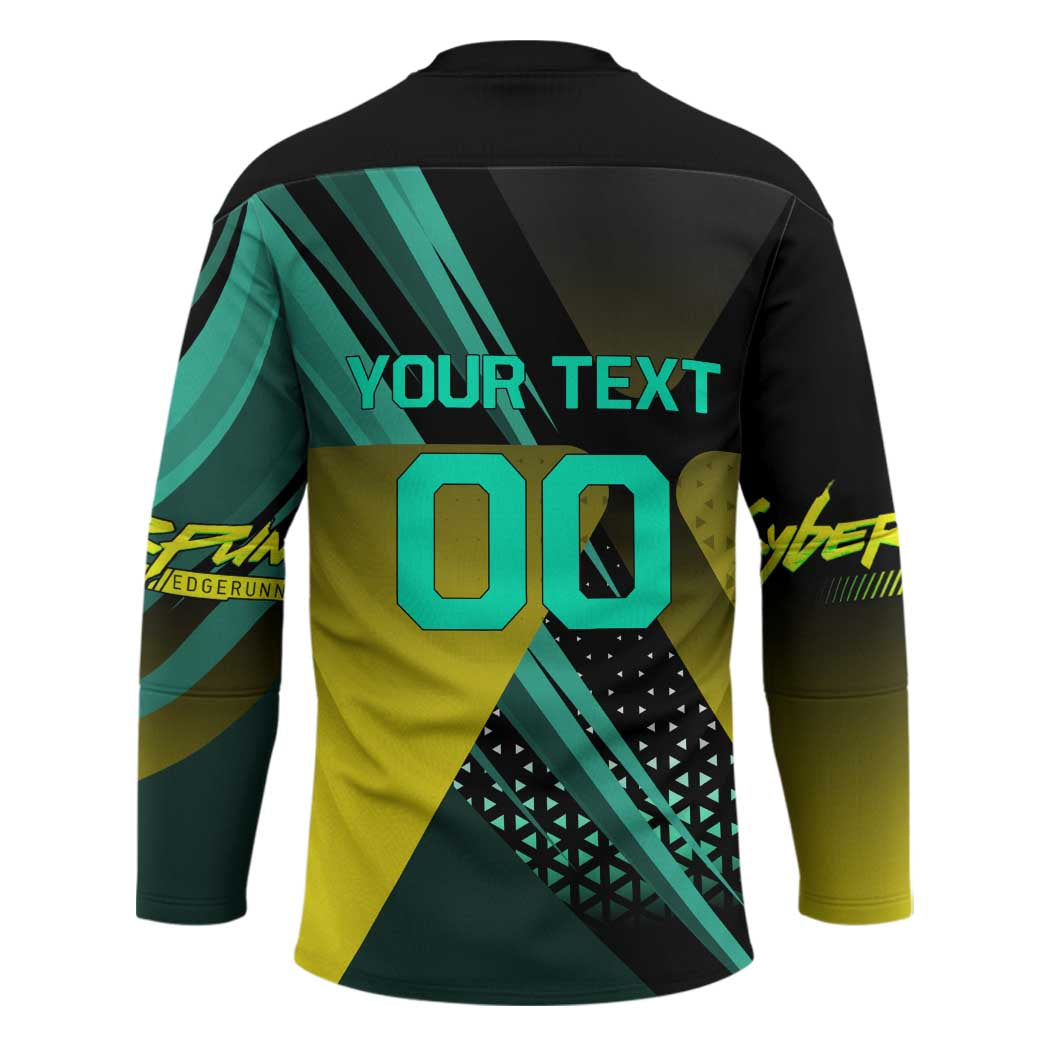 Personalized David Tennis Design Hockey Jersey with a Cyberpunk Theme, Edgerunners Features Neon Green and Yellow Styling and a Powerful Pose