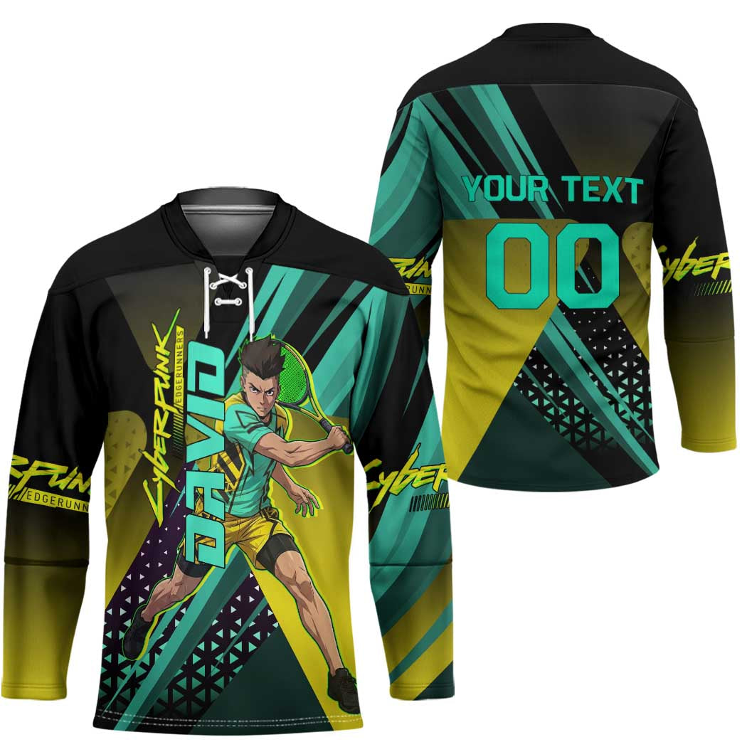 Personalized David Tennis Design Hockey Jersey with a Cyberpunk Theme, Edgerunners Features Neon Green and Yellow Styling and a Powerful Pose