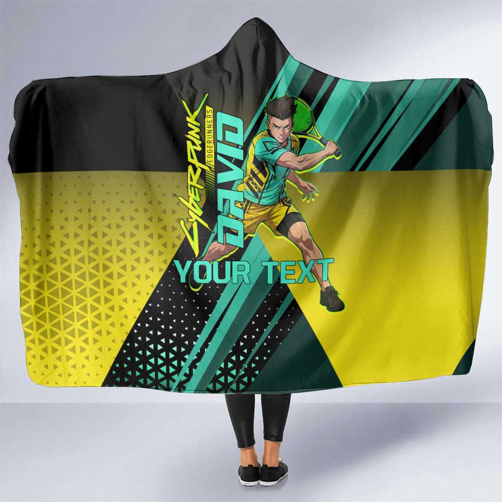 Personalized David Tennis Design Hooded Blanket with a Cyberpunk Theme, Edgerunners Features Neon Green and Yellow Styling and a Powerful Pose