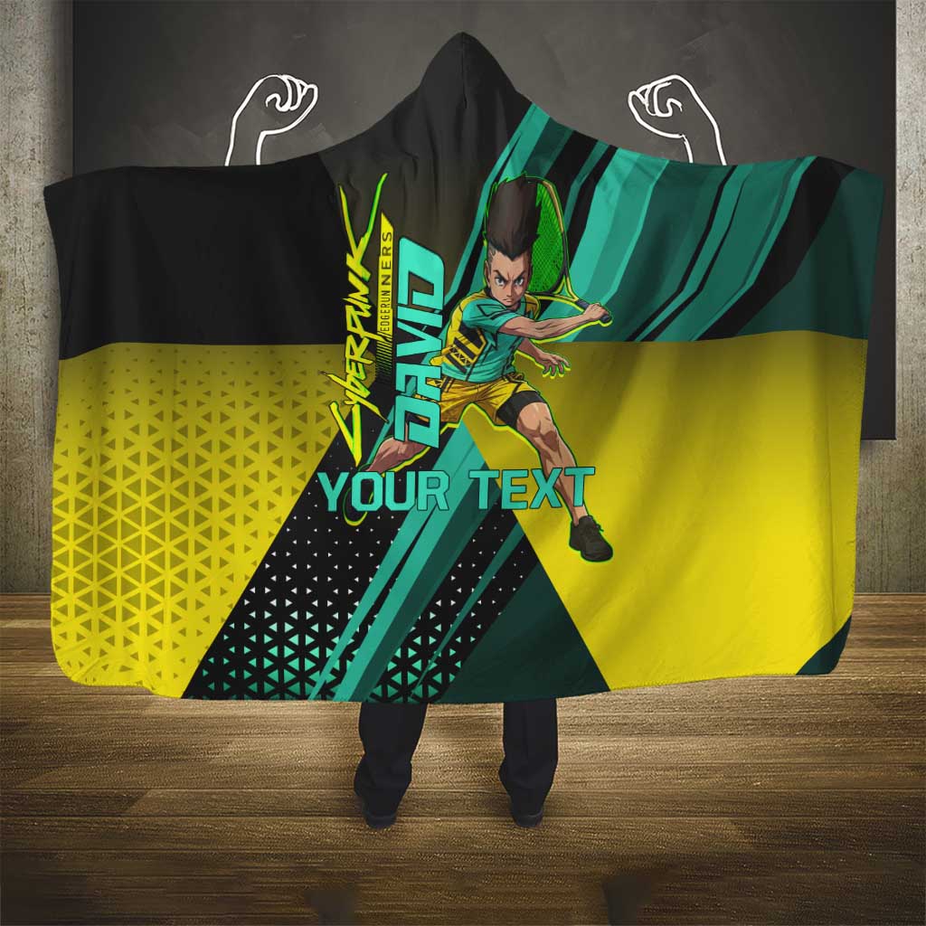 Personalized David Tennis Design Hooded Blanket with a Cyberpunk Theme, Edgerunners Features Neon Green and Yellow Styling and a Powerful Pose