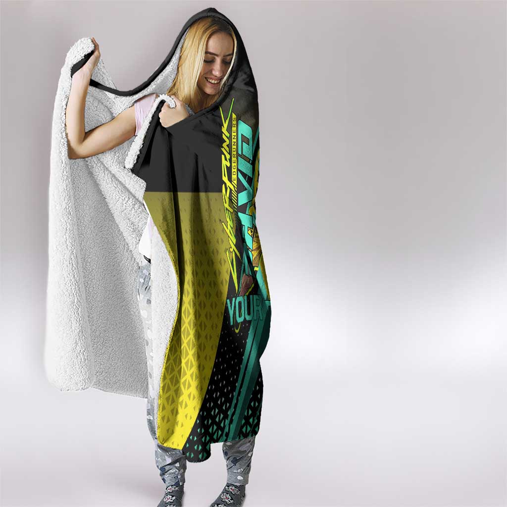 Personalized David Tennis Design Hooded Blanket with a Cyberpunk Theme, Edgerunners Features Neon Green and Yellow Styling and a Powerful Pose
