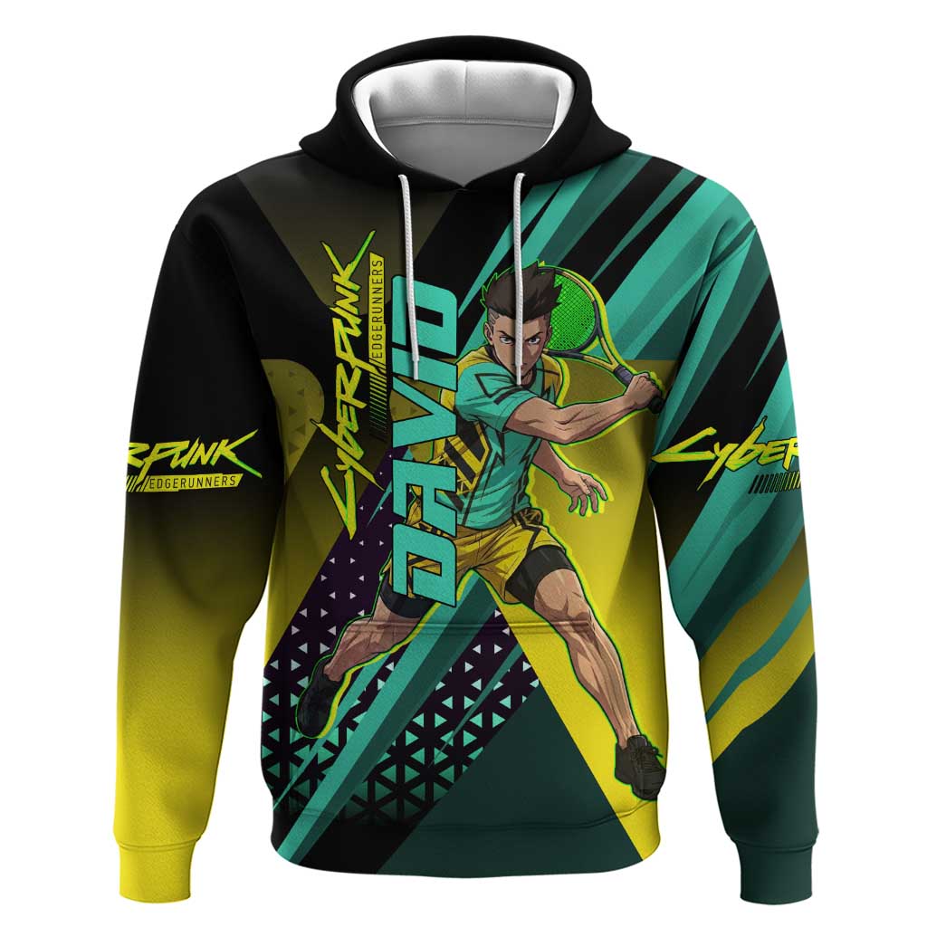 Personalized David Tennis Design Hoodie with a Cyberpunk Theme, Edgerunners Features Neon Green and Yellow Styling and a Powerful Pose