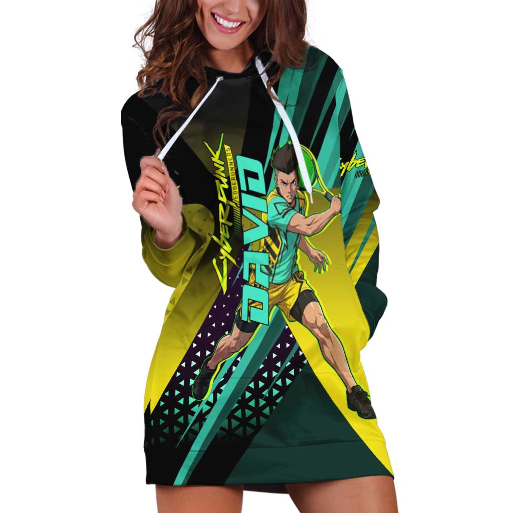Personalized David Tennis Design Hoodie Dress with a Cyberpunk Theme, Edgerunners Features Neon Green and Yellow Styling and a Powerful Pose