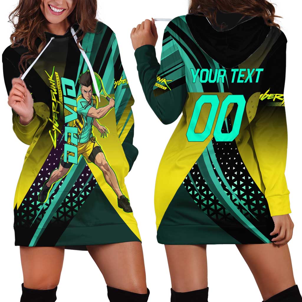 Personalized David Tennis Design Hoodie Dress with a Cyberpunk Theme, Edgerunners Features Neon Green and Yellow Styling and a Powerful Pose