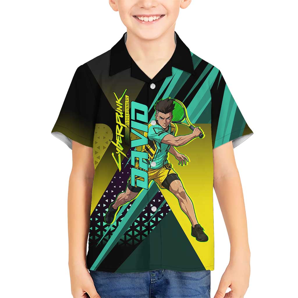 Personalized David Tennis Design Kid Hawaiian Shirt with a Cyberpunk Theme, Edgerunners Features Neon Green and Yellow Styling and a Powerful Pose