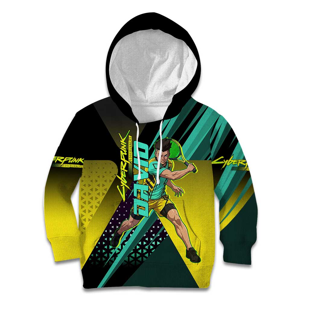Personalized David Tennis Design Kid Hoodie with a Cyberpunk Theme, Edgerunners Features Neon Green and Yellow Styling and a Powerful Pose