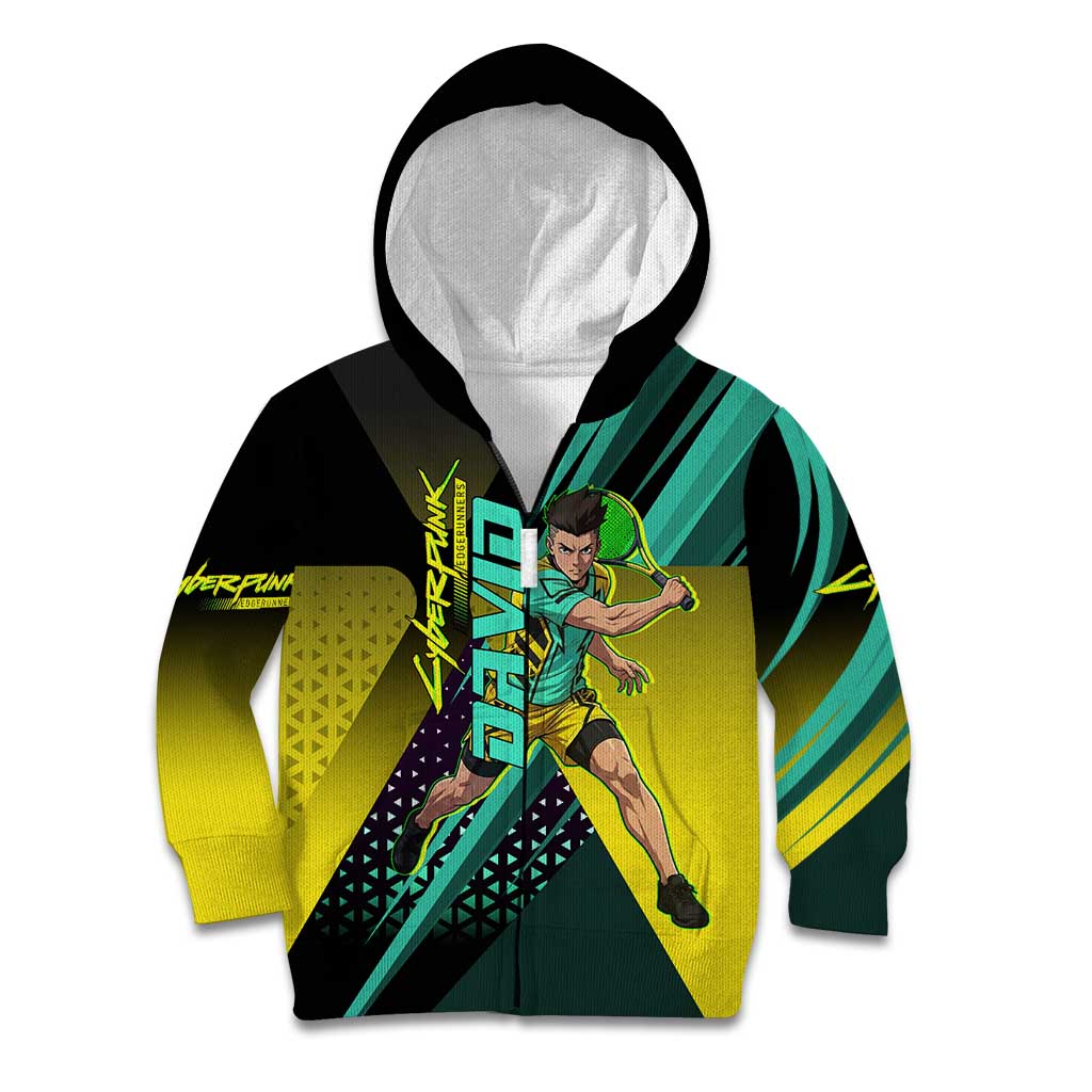 Personalized David Tennis Design Kid Hoodie with a Cyberpunk Theme, Edgerunners Features Neon Green and Yellow Styling and a Powerful Pose