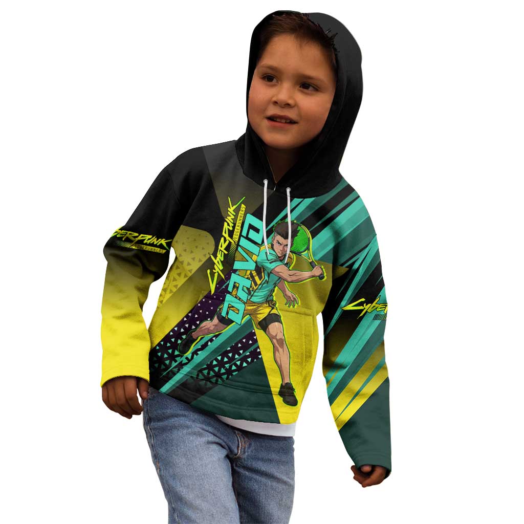 Personalized David Tennis Design Kid Hoodie with a Cyberpunk Theme, Edgerunners Features Neon Green and Yellow Styling and a Powerful Pose
