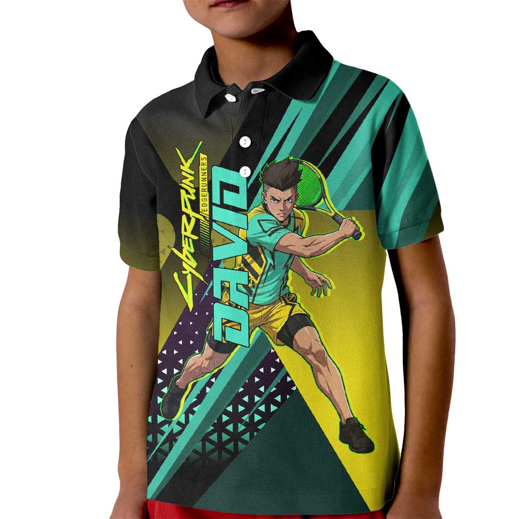 Personalized David Tennis Design Kid Polo Shirt with a Cyberpunk Theme, Edgerunners Features Neon Green and Yellow Styling and a Powerful Pose