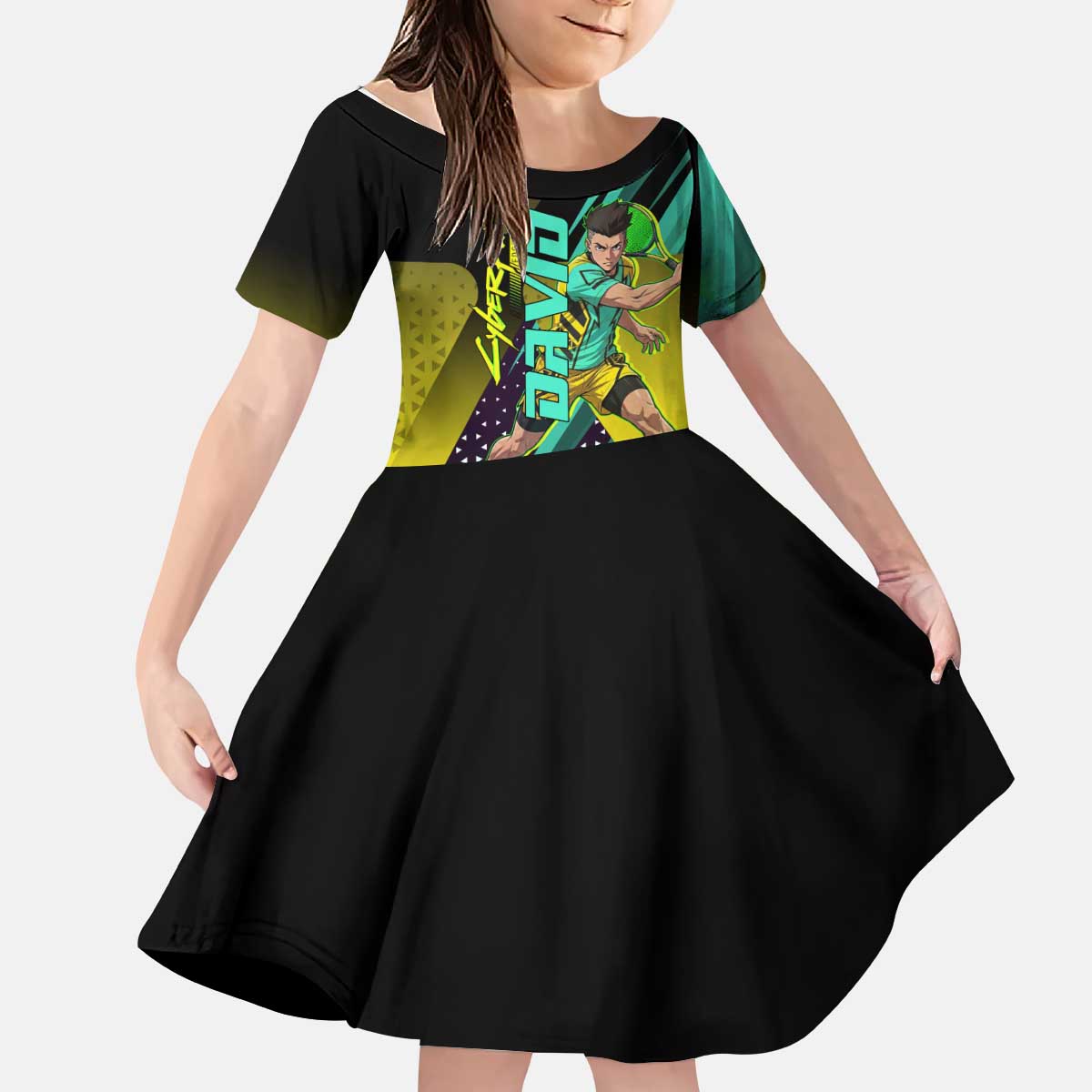 Personalized David Tennis Design Kid Short Sleeve Dress with a Cyberpunk Theme, Edgerunners Features Neon Green and Yellow Styling and a Powerful Pose