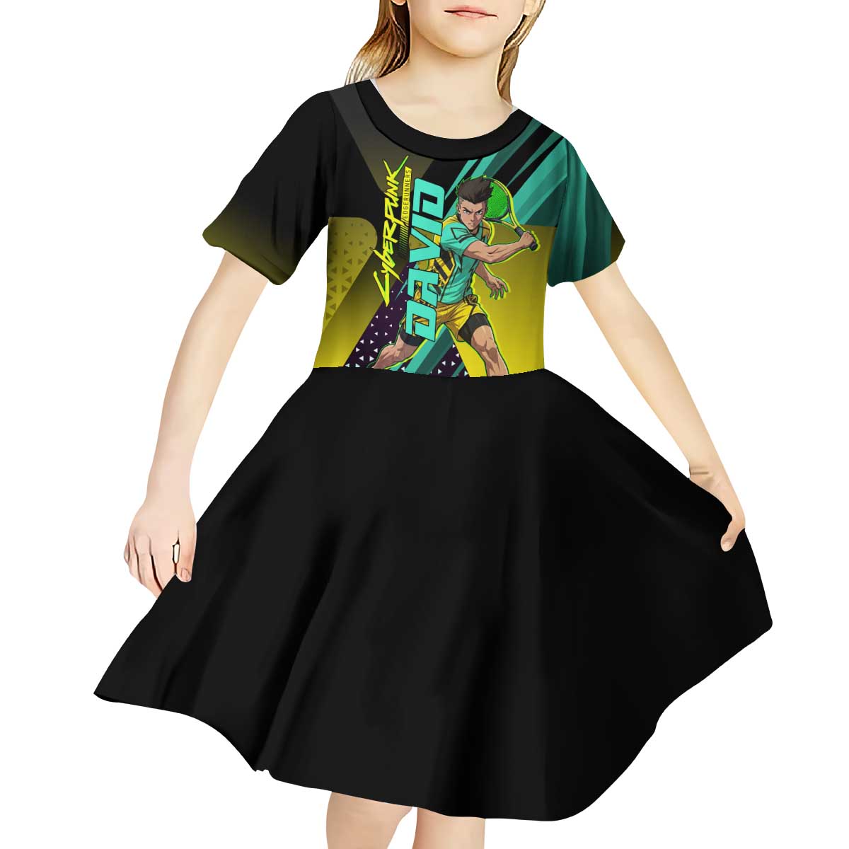 Personalized David Tennis Design Kid Short Sleeve Dress with a Cyberpunk Theme, Edgerunners Features Neon Green and Yellow Styling and a Powerful Pose