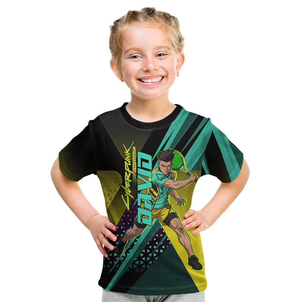 Personalized David Tennis Design Kid T Shirt with a Cyberpunk Theme, Edgerunners Features Neon Green and Yellow Styling and a Powerful Pose