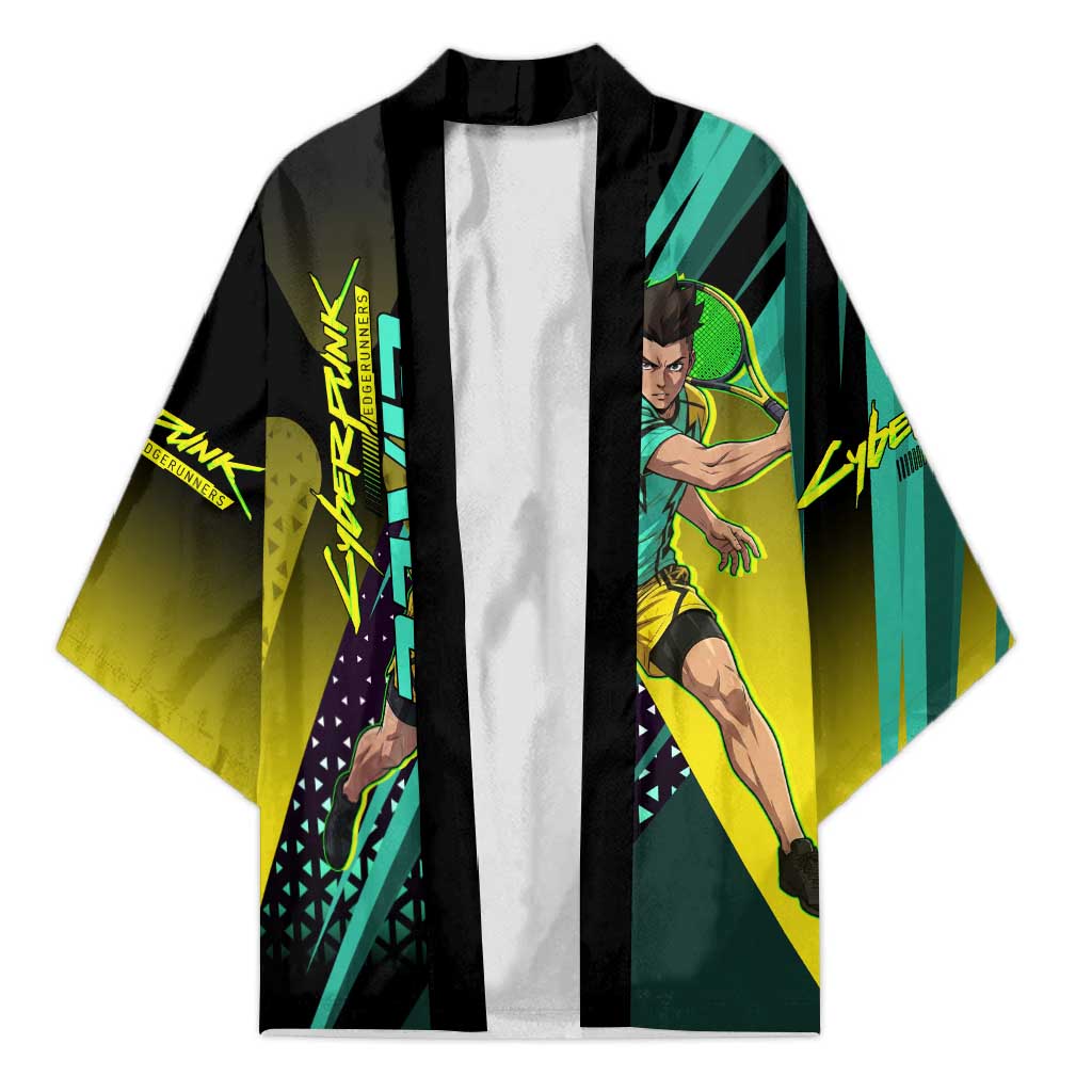 Personalized David Tennis Design Kimono with a Cyberpunk Theme, Edgerunners Features Neon Green and Yellow Styling and a Powerful Pose