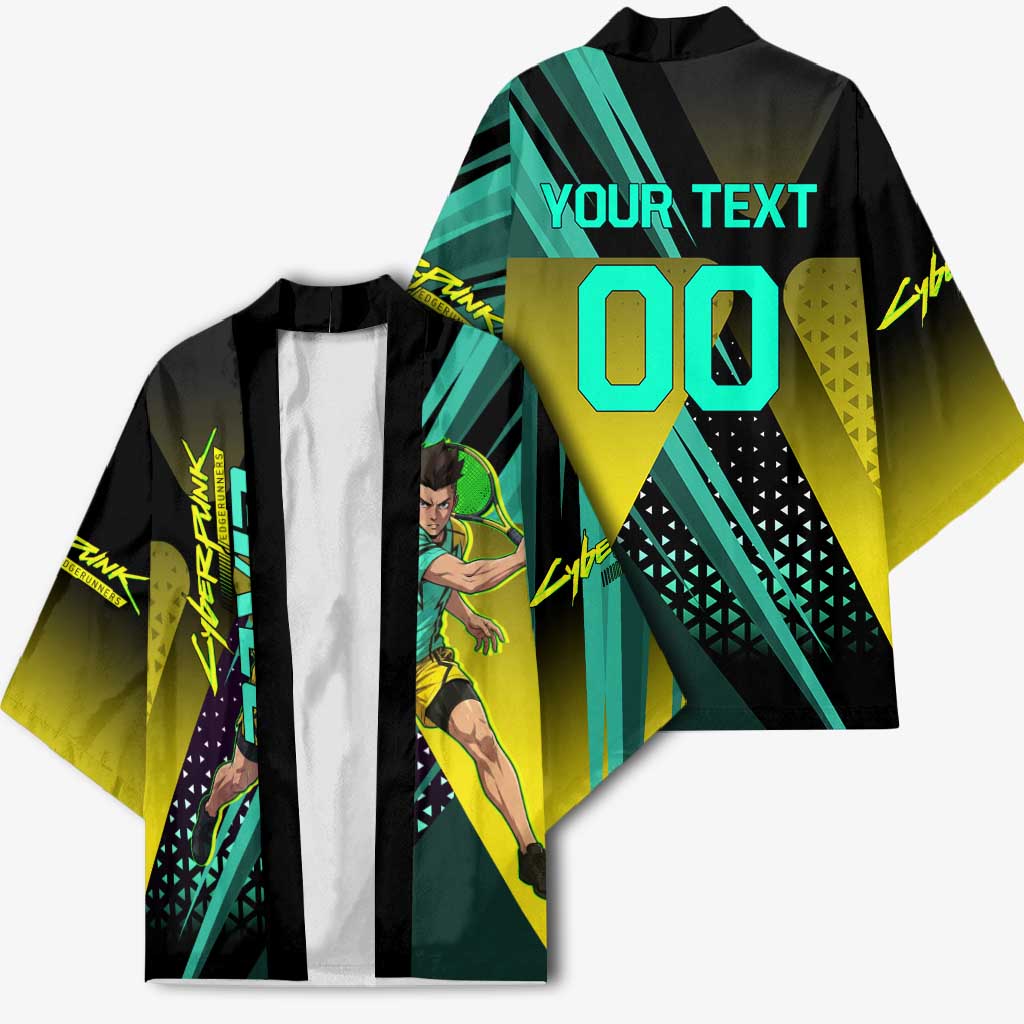 Personalized David Tennis Design Kimono with a Cyberpunk Theme, Edgerunners Features Neon Green and Yellow Styling and a Powerful Pose