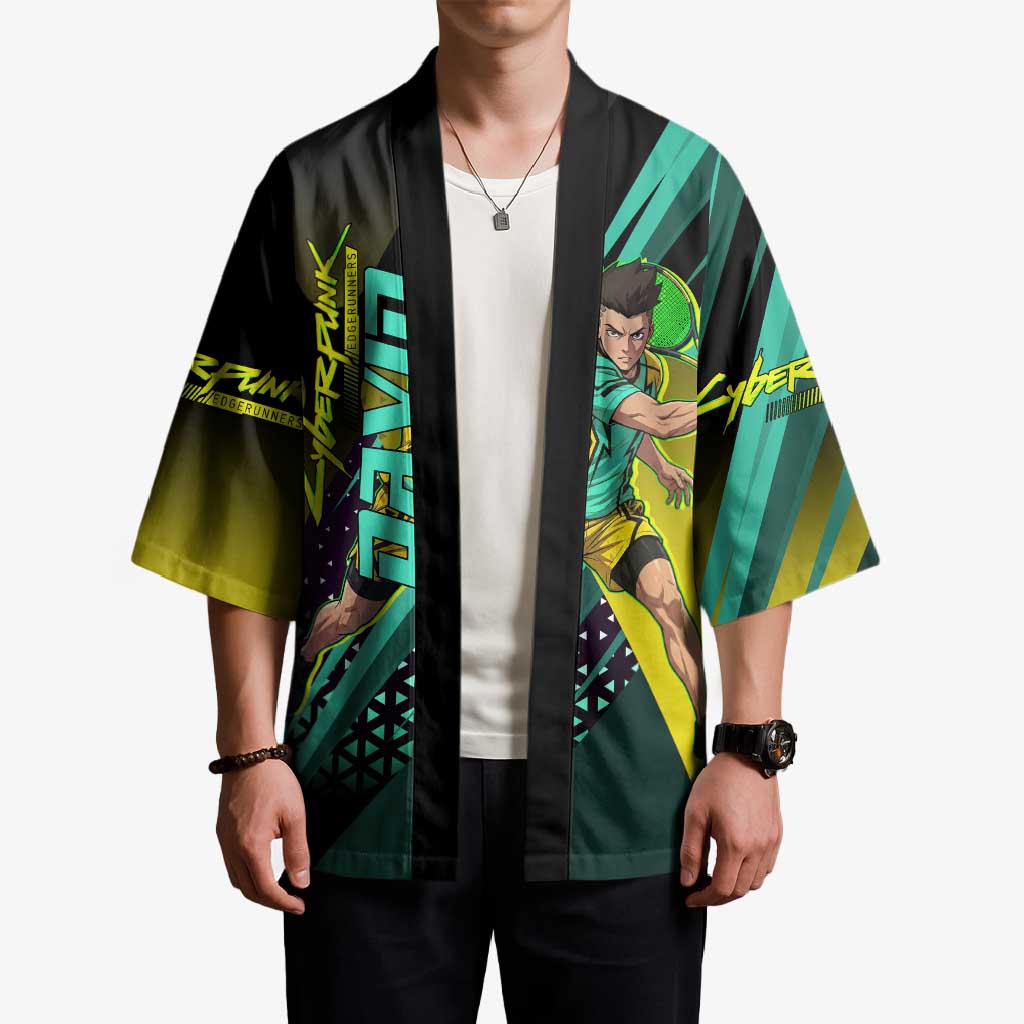 Personalized David Tennis Design Kimono with a Cyberpunk Theme, Edgerunners Features Neon Green and Yellow Styling and a Powerful Pose