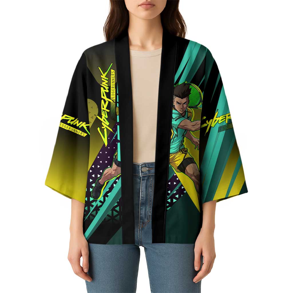 Personalized David Tennis Design Kimono with a Cyberpunk Theme, Edgerunners Features Neon Green and Yellow Styling and a Powerful Pose