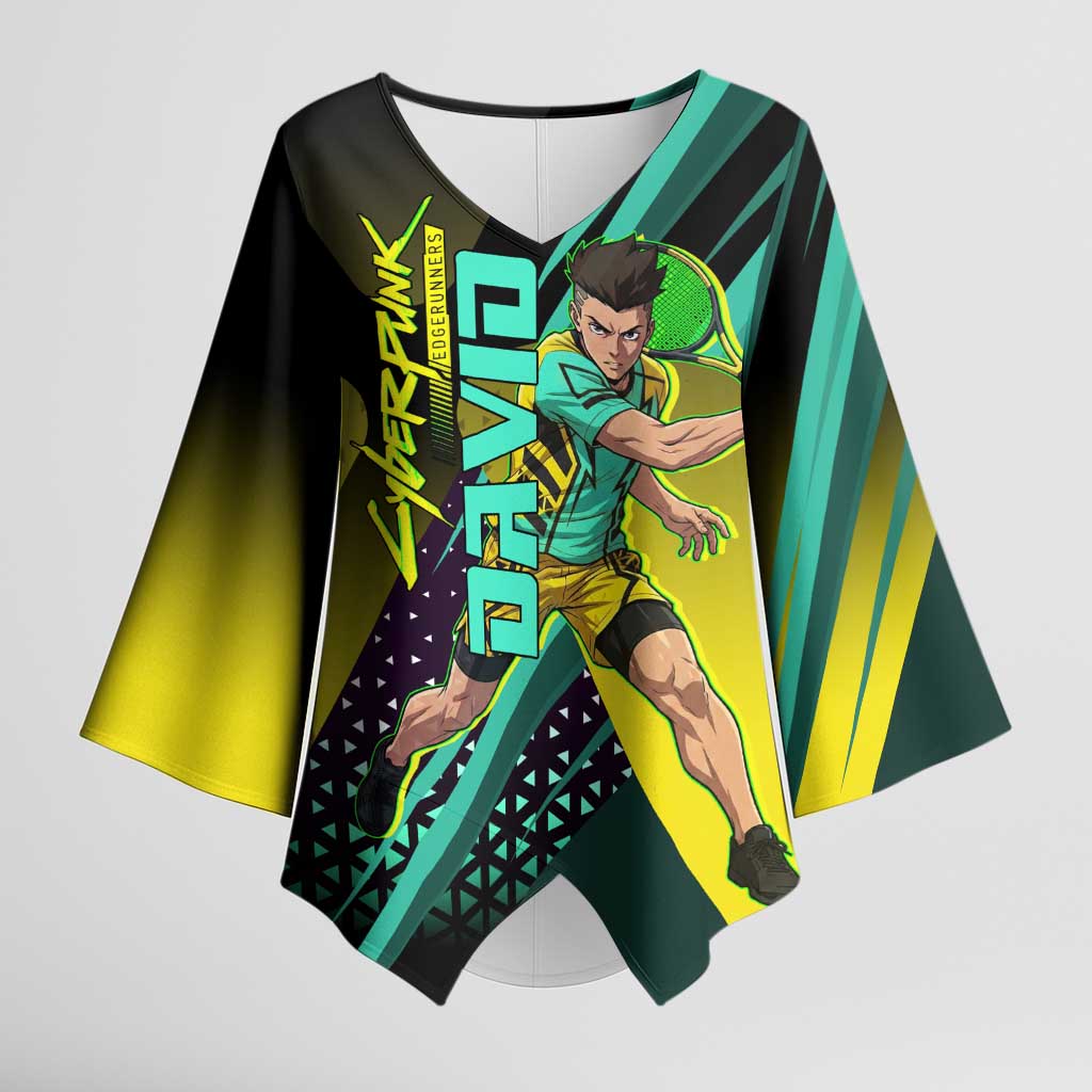 Personalized David Tennis Design Kimono Sleeve Blouse with a Cyberpunk Theme, Edgerunners Features Neon Green and Yellow Styling and a Powerful Pose