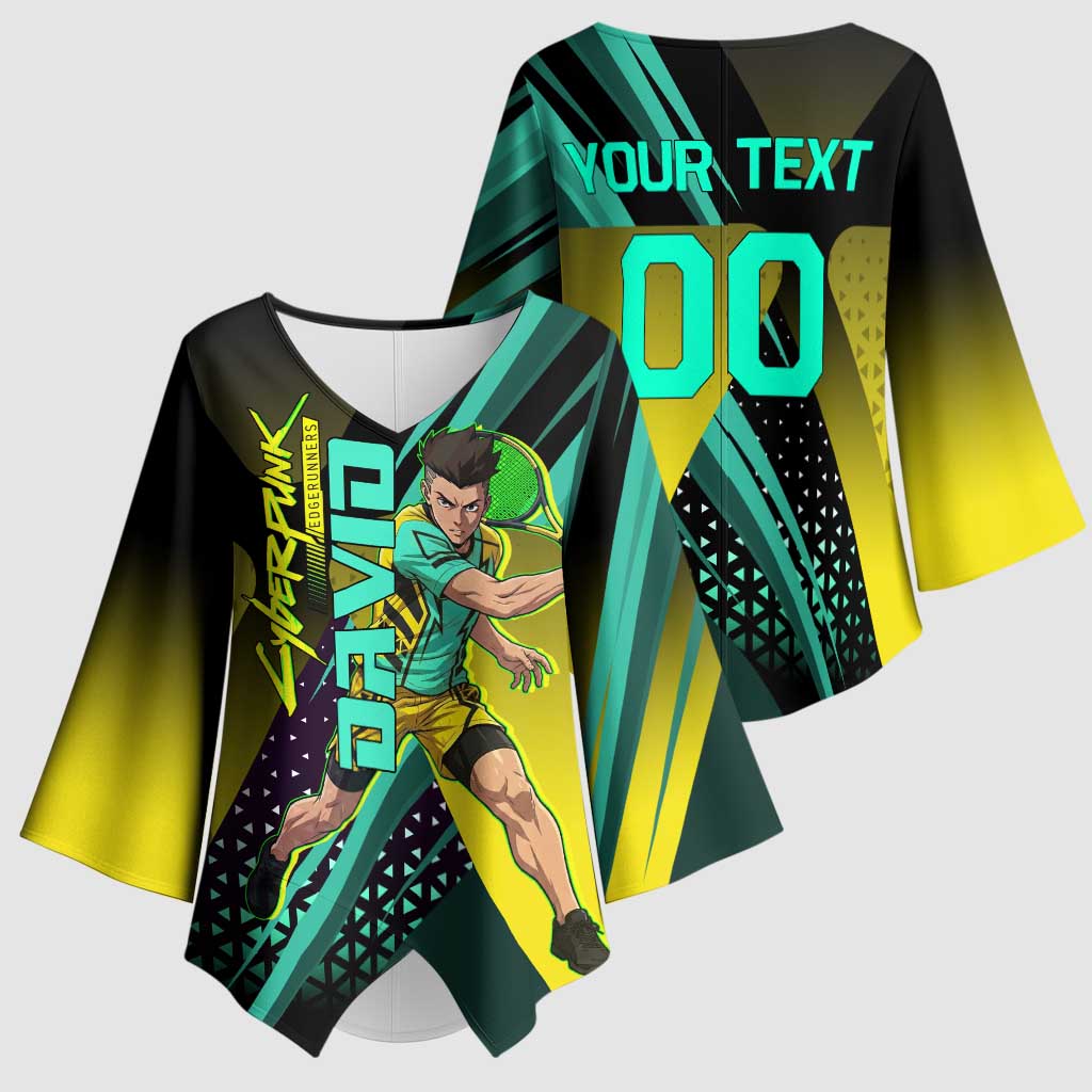 Personalized David Tennis Design Kimono Sleeve Blouse with a Cyberpunk Theme, Edgerunners Features Neon Green and Yellow Styling and a Powerful Pose