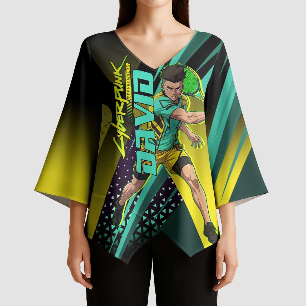 Personalized David Tennis Design Kimono Sleeve Blouse with a Cyberpunk Theme, Edgerunners Features Neon Green and Yellow Styling and a Powerful Pose