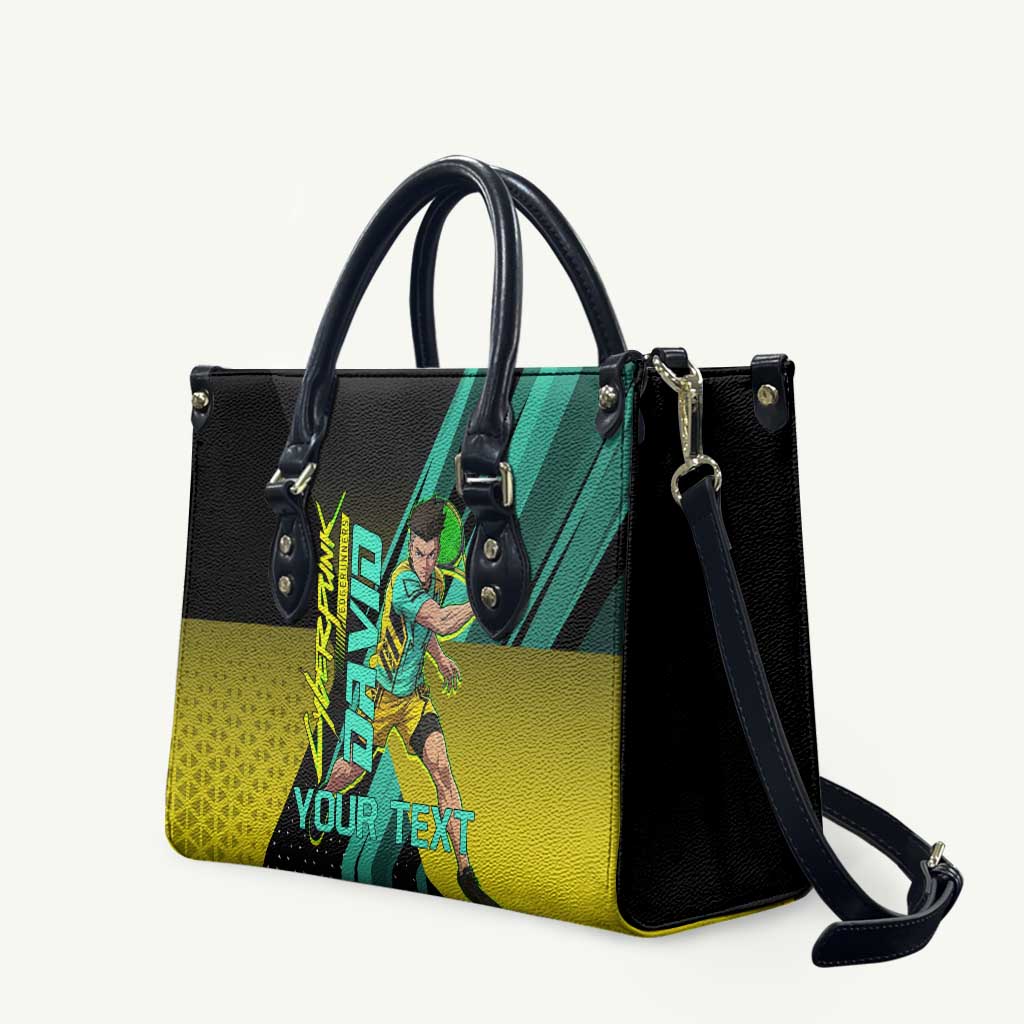 Personalized David Tennis Design Leather Bag with a Cyberpunk Theme, Edgerunners Features Neon Green and Yellow Styling and a Powerful Pose
