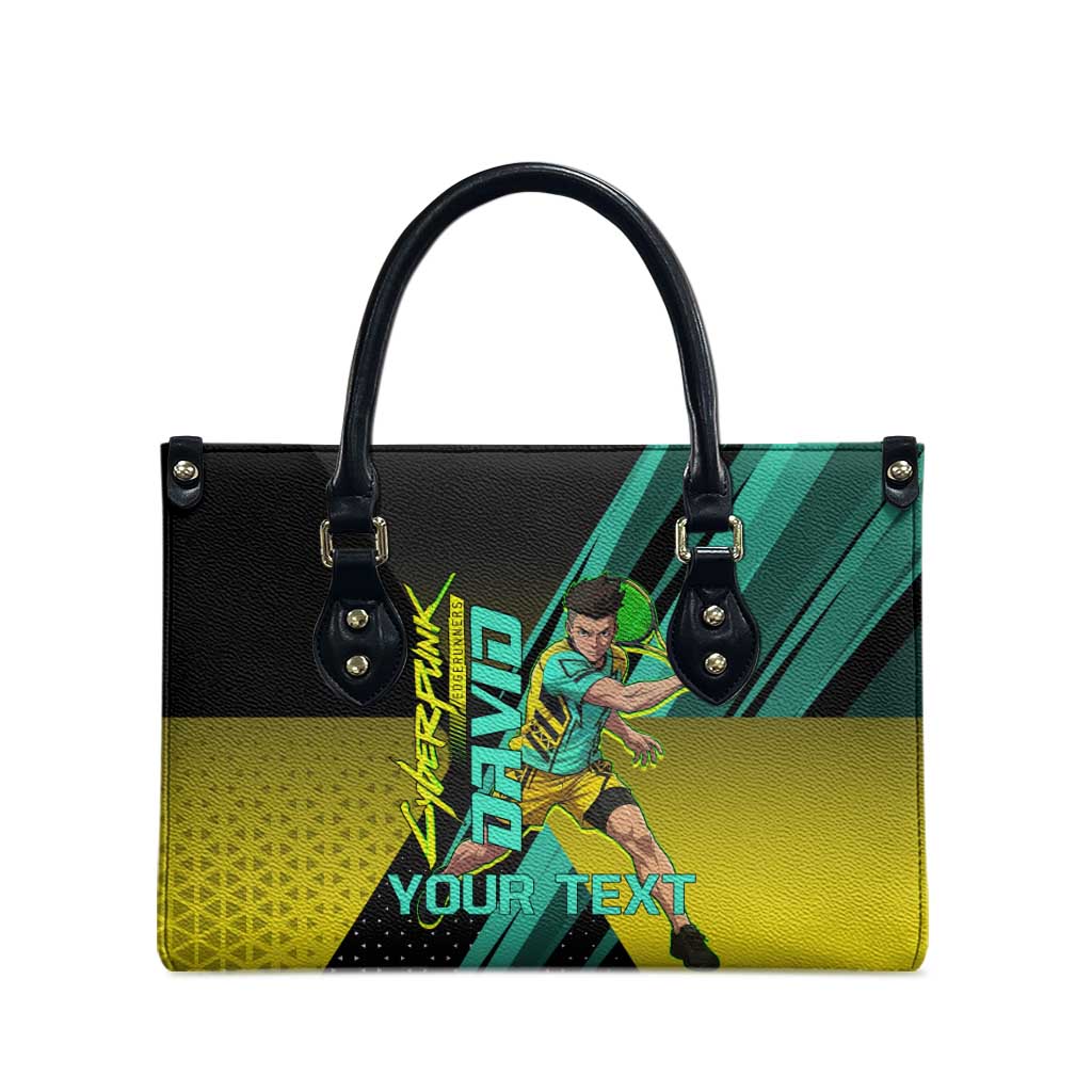 Personalized David Tennis Design Leather Bag with a Cyberpunk Theme, Edgerunners Features Neon Green and Yellow Styling and a Powerful Pose