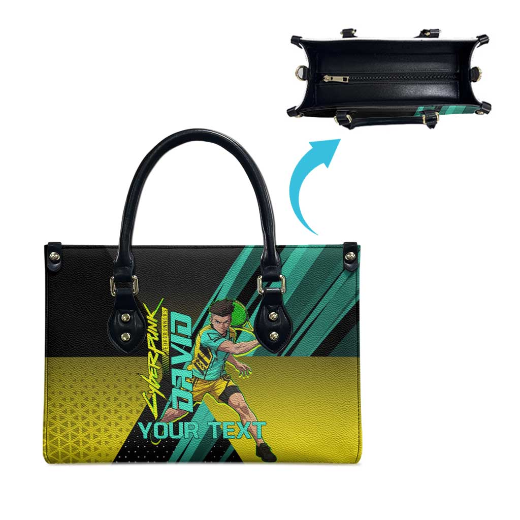 Personalized David Tennis Design Leather Bag with a Cyberpunk Theme, Edgerunners Features Neon Green and Yellow Styling and a Powerful Pose