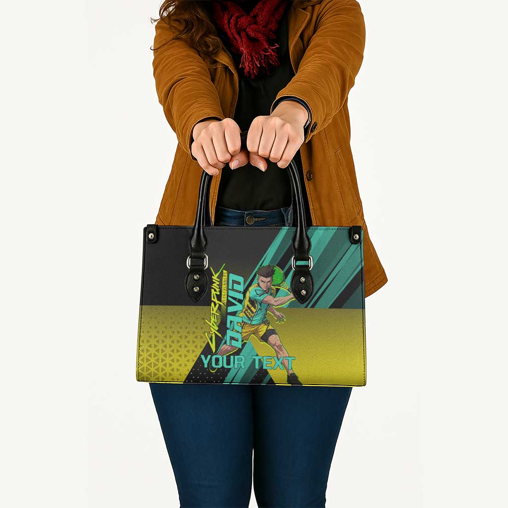 Personalized David Tennis Design Leather Bag with a Cyberpunk Theme, Edgerunners Features Neon Green and Yellow Styling and a Powerful Pose