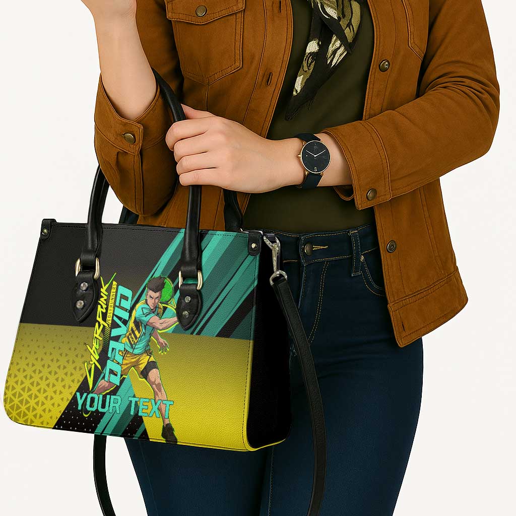 Personalized David Tennis Design Leather Bag with a Cyberpunk Theme, Edgerunners Features Neon Green and Yellow Styling and a Powerful Pose