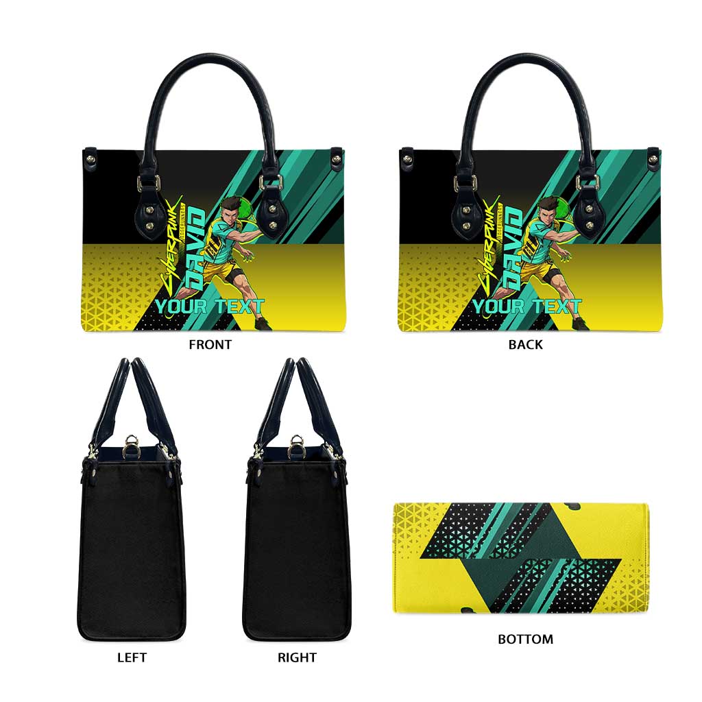 Personalized David Tennis Design Leather Bag with a Cyberpunk Theme, Edgerunners Features Neon Green and Yellow Styling and a Powerful Pose