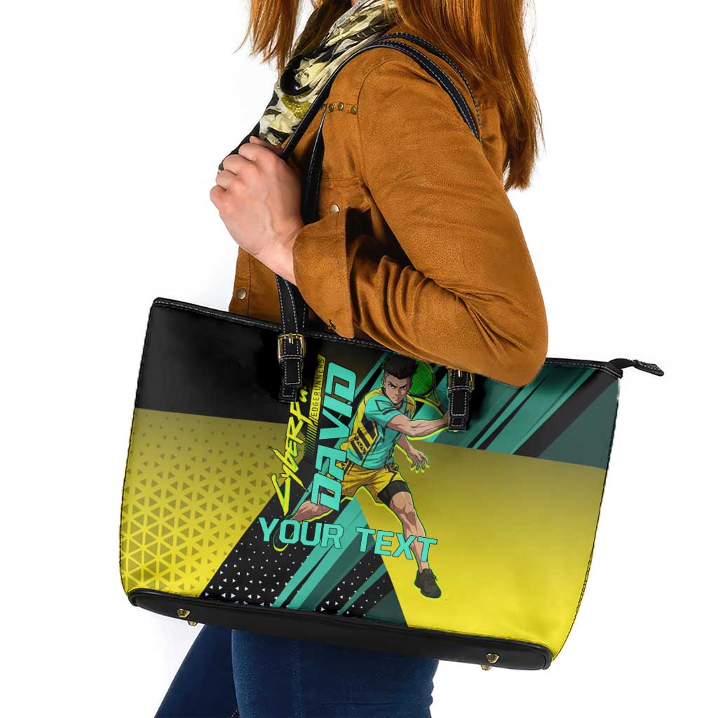 Personalized David Tennis Design Leather Tote Bag with a Cyberpunk Theme, Edgerunners Features Neon Green and Yellow Styling and a Powerful Pose
