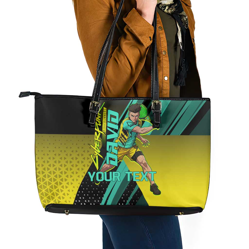 Personalized David Tennis Design Leather Tote Bag with a Cyberpunk Theme, Edgerunners Features Neon Green and Yellow Styling and a Powerful Pose